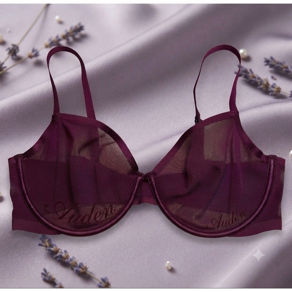 Auden Lightweight Mesh Underwire Bra Plum Burgundy 36D Minimalist Sheer Support